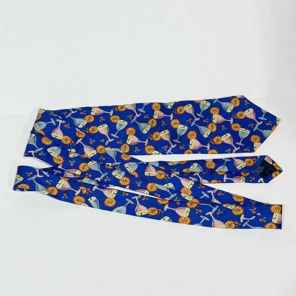 Kenneth Gordon Tie Silk Cocktail Martini Drinks Print Blue Wide 4” Italy Vintage - Picture 4 of 10